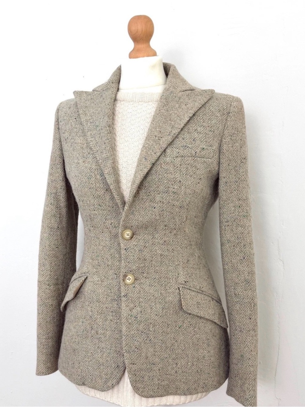 Women's Ralph Lauren Made in Italy Lambswool Alpaca Tweed Blazer Jacket 12 Tan